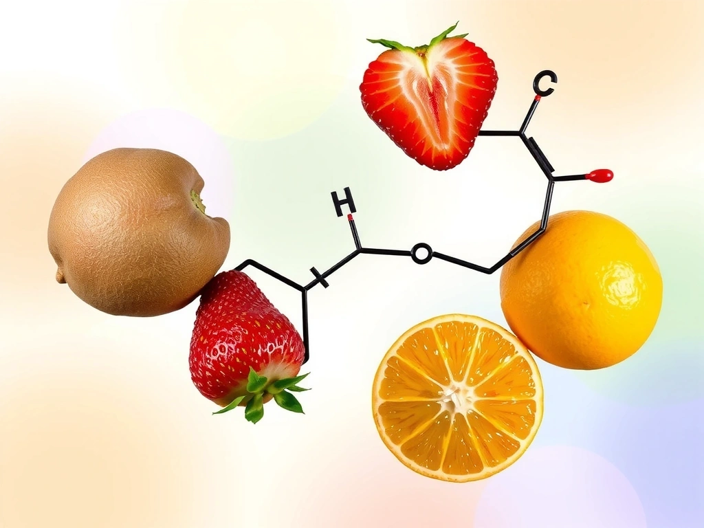 Εικονογράφηση μορίου βιταμίνης C και φρέσκων φρούτων