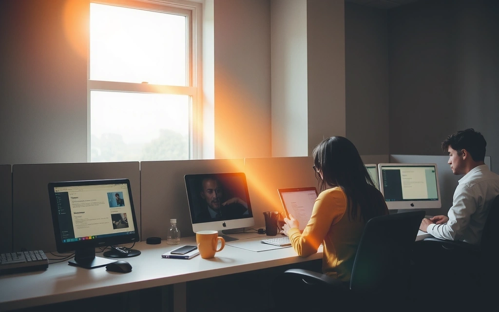 Άτομα που εργάζονται σε γραφεία με υπολογιστές, με ένα μικρό ηλιαχτίδα να πέφτει από ένα παράθυρο