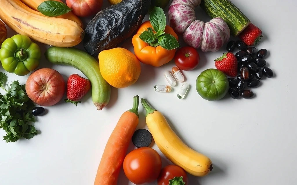 Εικόνα που δείχνει φρούτα, λαχανικά και βιταμίνες, συμβολίζοντας την υγιεινή διατροφή και την ενίσχυση του ανοσοποιητικού συστήματος.