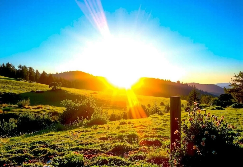 Εικόνα με τον ήλιο να λάμπει πάνω από ένα τοπίο, συμβολίζοντας τη βιταμίνη D.