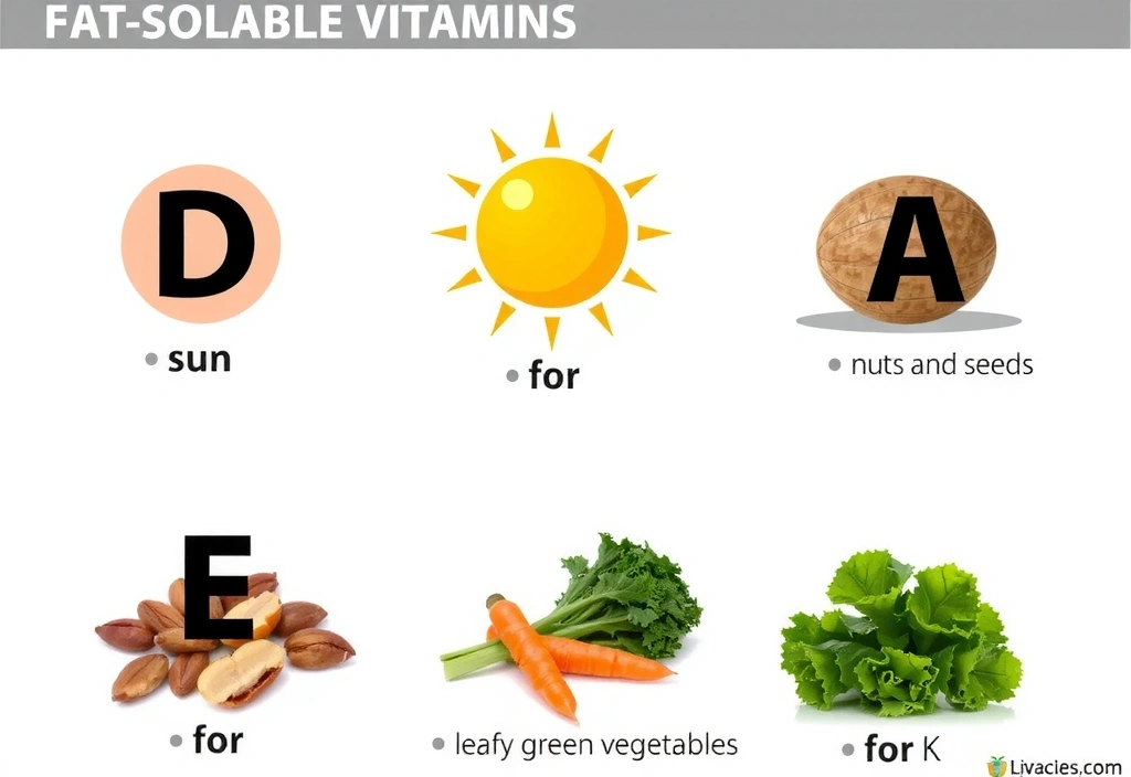 Εικόνα που απεικονίζει λιποδιαλυτές βιταμίνες και τις πηγές τους