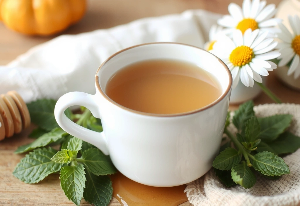 Μια κούπα ζεστού τσαγιού βοτάνων με φρέσκα βότανα και μέλι, σε ένα άνετο περιβάλλον