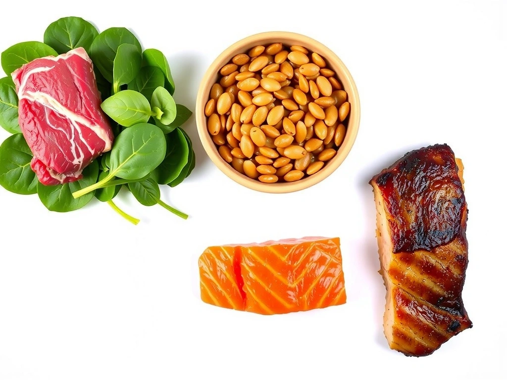 Ποικιλία τροφών πλούσιων σε σίδηρο: κόκκινο κρέας, σπανάκι, φακές, ψάρια