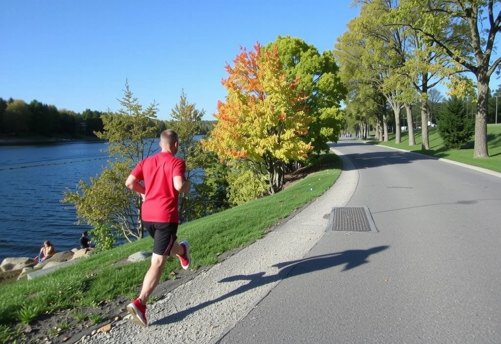 Εικόνα με έναν άνθρωπο να τρέχει σε ένα φυσικό περιβάλλον, συμβολίζοντας τη σωματική δραστηριότητα.