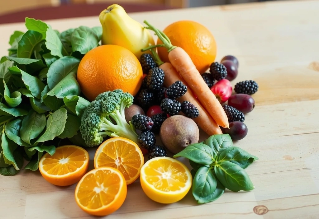 Ποικιλία φρούτων και λαχανικών που αντιπροσωπεύουν τις βιταμίνες